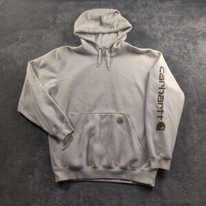 Carhartt Jacket Mens Large White Pull Over Hooded Pocket Patch Spell Out Sleeve